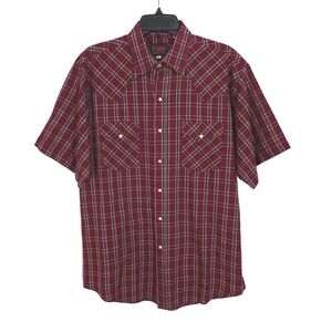 Plains Western Wear Plaid Short Sleeve Pearl Snap Shirt Mens Large Burgundy